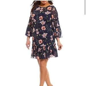 Eliza J navy blue pink floral sheer overlay bell sleeve dress size 8
